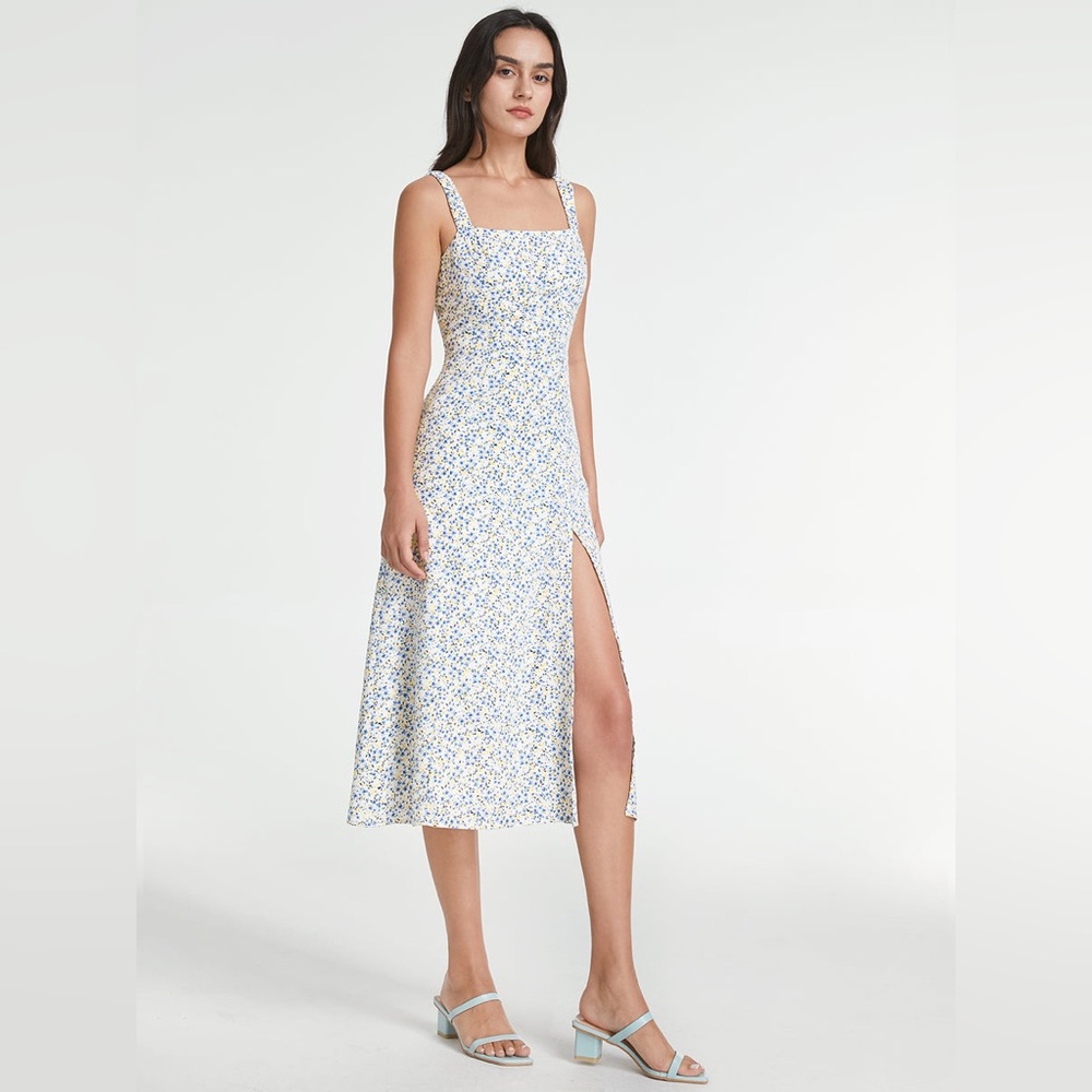 Commense Square Neck Mosaic Floral Slit Strap Dress S